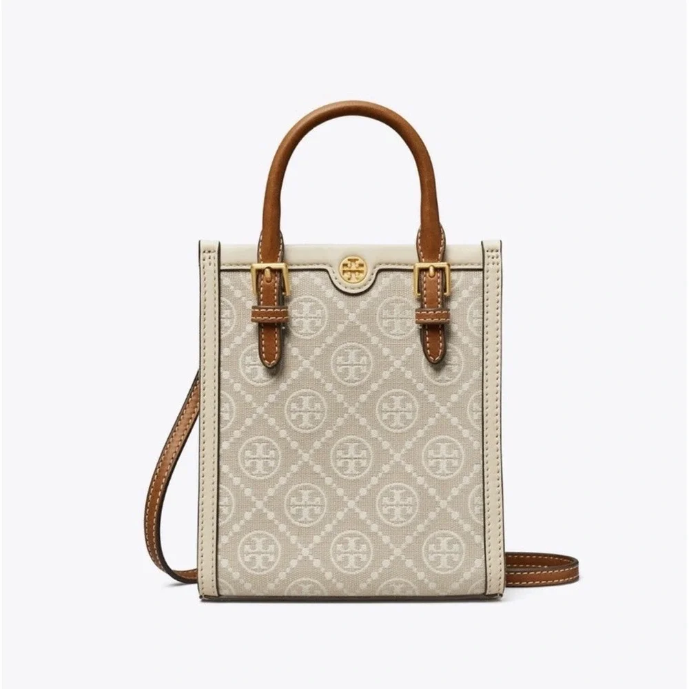 Tory Burch T Monogram Mini Tote Leather Trim Crossbody Ivory